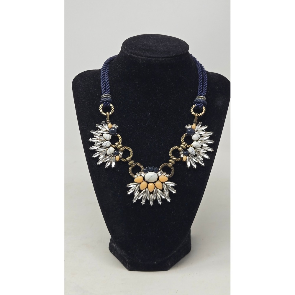 Chloe + Isabel Navy Blue Cord Brass Sunburst Rhinestone Statement Bib Necklace